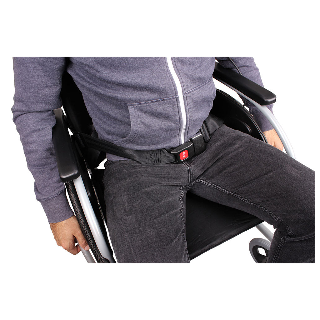 Rolko 2-Point Seatbelt Light Metal Buckle — in use on wheelchair
