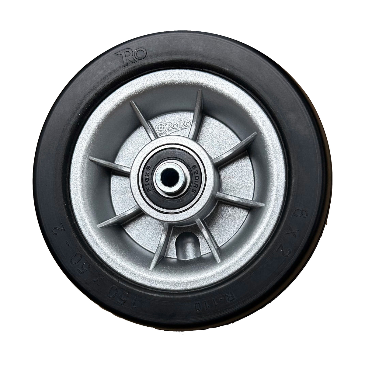 Rolko 6x2 inch power chair caster with bearings — silver rim / black tire variant